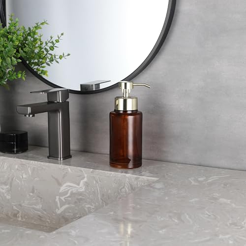 Image of H Halston Amber Glass Foaming Soap Pump Dispenser, Foaming Soap or Liquid handoap compatable, Durable, Refillable, Bathroom & Kitchen Countertop, Bathroom, Home Decor (Amber Glass with Gold Pump top)
