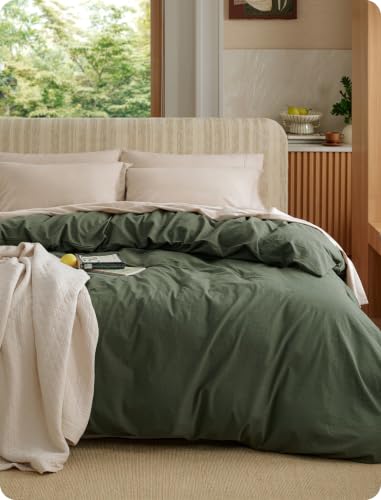 Image of Bedsure PureWoven 100% Washed Cotton Duvet Cover Only, Queen, Olive Green | 1 Duvet Cover, No Pillow Shams, Linen Like Textured, Lightweight & Breathable for All Seasons, Zipper Closure, 8 Corner Ties