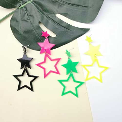 Multilayer Acrylic Big Star Dangle Drop Earrings For Women Girls, Colorful Neon Geometric Pentagram Long Tassel Earrings Y2K 80S Party Charm Jewelry Hot Pink #TOP4