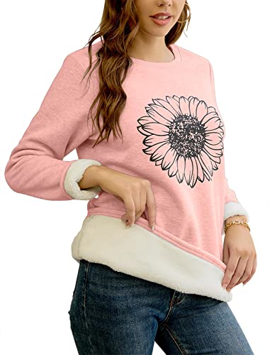 Esobo Womens Blouse Warm Pullover Sweatshirts Sunflower Printed Crewneck Long Sleeve Sweaters Tops Pink #TOP28
