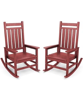 SERWALL Outdoor Rocking Chair Set of 2, HDPE Rocking Chairs for Adult, All Weather Porch Rockers for Lawn Garden, Crimson Red