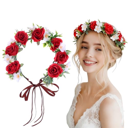 Flagogoo Red Flower Crown Headband - Flower Crowns for Women Girl Rose Flower Headband Handmade Floral Headpiece Wedding Festival Party Birthday Renaissance Maternity Photo Props Headwear