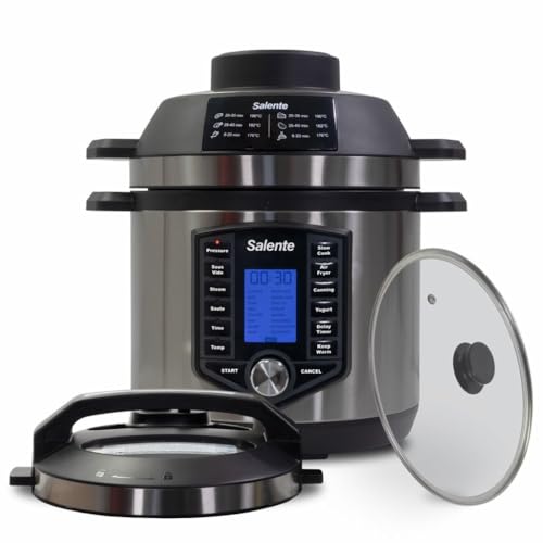 SALENTE Ario II Pentola Elettrica Multifunzione con Friggitrice ad Aria, Pentola a Pressione, Slow Cooker, Sous-Vide, Acciaio Inossidabile, 1200-1500 W, 6 L