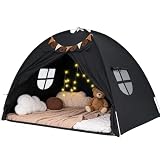 Picture of YEERSWAG Full Bed Tent, Bunk Bed Tent Canopy with Stars Light & Flags, Breathable Sleeping Drafty, Privacy Space Dream Playhouse for Indoor Floor, Birthday Gifts, Black