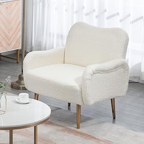 Homtique Teddy Fabric Loveseat & Accent Chair 2 Piece Set, Modern Upholstered Living Room Sofa Set, Convertible Sleeper Sofa and Armchair with Gold Metal Legs, for Bedroom, Apartment, Office, White 7 41dYnGffQoL. AC