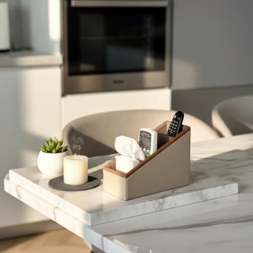 Image of MASON HOME Vegan Leather Naples Taupe Remote Holder (4 Slot) - 1pc - L 20.3 inch x B 10.2 inch x H 20.3 inch | Decorative Multifunctional Space Saving Organizer | Room - Table - Desk | AC TV Controller - Gadgets