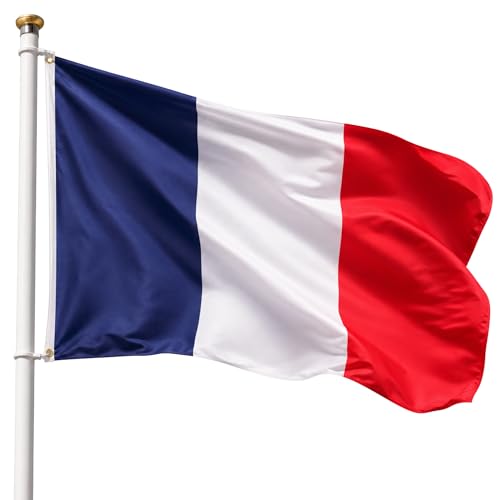 Bandera Francia 90x150cm, Bandera Francesa con 2 Ojales de Latón, France flag, Bandera Copa del Mundo, Bandera de País para exterior, Material Poliéster, Resistente al viento y lluvia