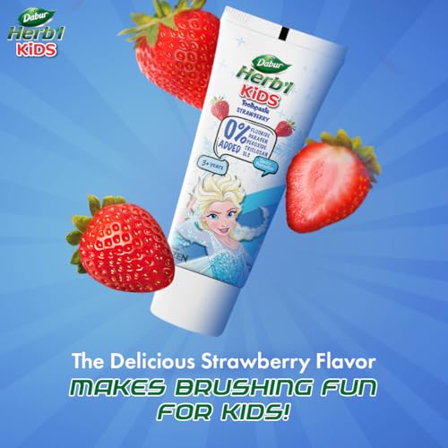 Image of Dabur Herb'l Kids Elsa Frozen Toothpaste | 160g (Pack of 2 x 80g) | 3+ Years | Strawberry Flavour | No added chemicals | Cavity protection | Healthy Gums | SLS & Flouride free