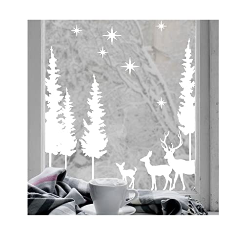 Calcomanía navideña para ventana de pato mareado, ciervo nórdico escandinavo bosque invernal | reutilizable