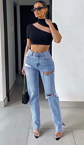 MBLESSEDTO Women's high Waist and Slim Straight Denim Trousers with Holes and Flared Trousers4