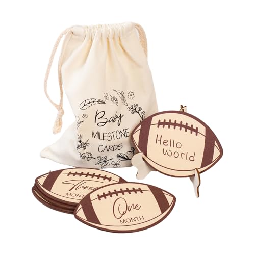 QWQJ Wood Football Theme Baby Milestones Markers Discs with Stand and Bag Set for New Parent to Celebrate Every Growth Moment