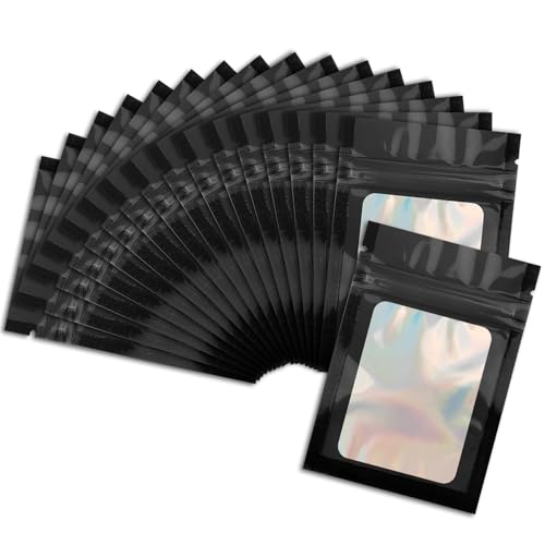50 Pcs Black Mylar Bags 2.7x3.9 Inch with Clear Window - Holographic Resealable Foil Pouch Packaging for Food Storage, Jewelry, Lip Gloss, and Small Business Use