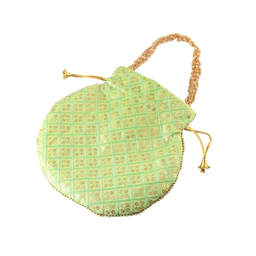 Image of Handcrafted Potli Purse with Golden Floral Embroidery and Pearl Accents