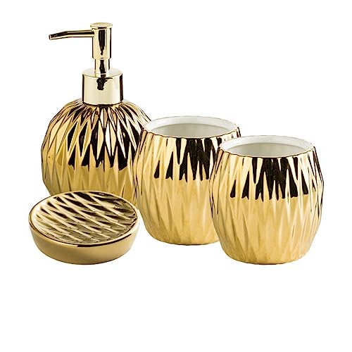 YYW Bathroom Accessory Set with Lotion Dispenser, Toothbrush Holder, Toothbrush Cup, Soap Dish 3/4 Pieces Modern Luxury Housewares Refillable Bathroom Soap Dispenser Set (Four-piece set - gold)