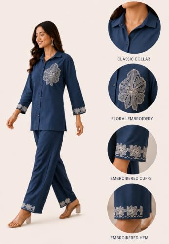 Image of Pure Cotton Co Ord Set for Women | Kurta Sets for Women | Embroidered Kurta with Pant | Ethnic Kurti with Palazzo Pants | Traditional, Office & Casual Wear