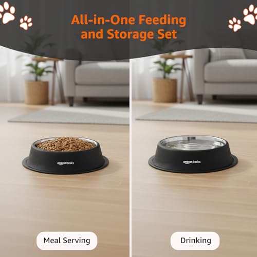 Image of Amazon Basics Stainless Steel Pet Feeding Bowls for Dog & Cats | Anti Slip Base | 2 Pcs Set | Canister & Pet Bowl in Black Color | Canister 1000 ml & Bowl 700 ml