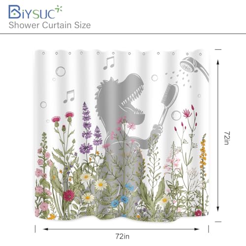 Image of Dinosaur Shower Curtain Funny Dino Sing Bathe Behind Wildflowers Trex Silhouette Shadow for Kids Bathroom Home Decor Waterproof Polyester Fabric 72Lx72W Inch with Hooks
