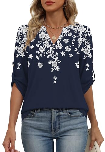 Image of XIEERDUO 3 /4 Length Sleeve Womens Tops V Neck T Shirts Both Side Buttons Blouses Business Casual Outfits Loose Fit