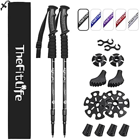 TheFitLife Hiking Walking Trekking Poles - 2 Pack With Antishock And Quick Lock System, Telescopic, Collapsible, Ultralight For Camping, Mountaining, Backpacking, Walking - Matt Black Cover