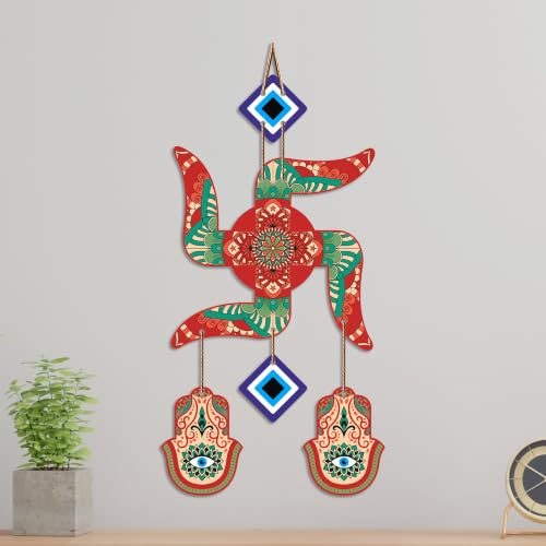 Image of Artvibes Colorful Swastik Wall Hanging with Evil Eye & Hamsa Hand | Decorative Vastu Decor for Home Entrance and Temple | Symbol of Prosperity | Good Fortune | Positive Energy Art Gift (WH 85105N)