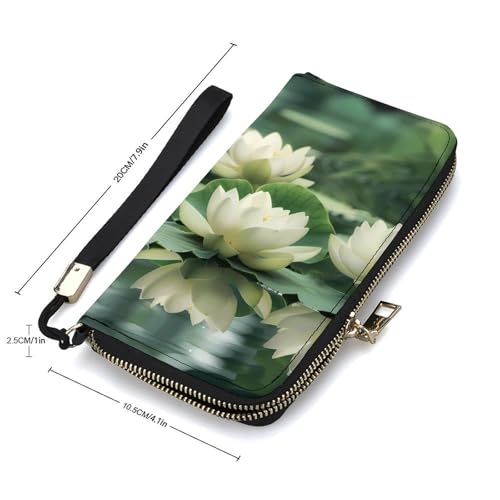 White Lotuses Flower Long Wallet PU Leather Clutch Purse Portable Credit Card Holder with Hand Strap2