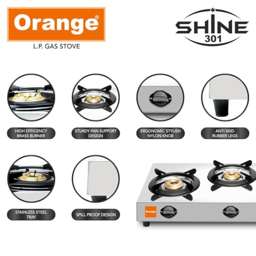 Image of Orange 3 Burner Gas Stove Stainless Steel Shine Manual | Silver | Spill Proof | Ergonomic Knobs | Tri-Pin Brass Burners (ISI Certified)