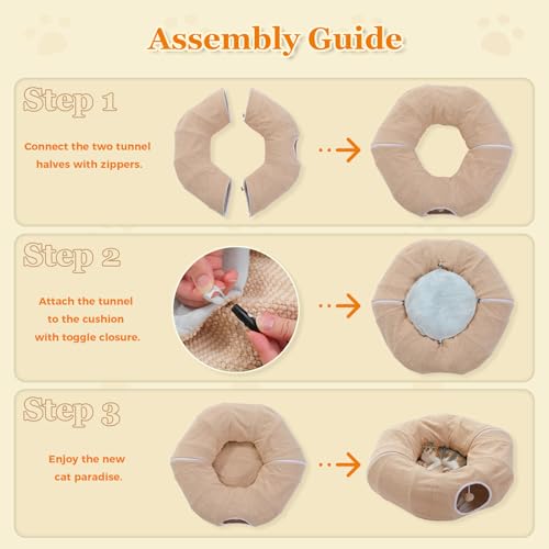 Image of PEQULTI Cat Donut Tunnel with Bed for Indoor Cats, Cat Play Tunnel with Washable Soft Plush Mat, Round Tube Toys Cute Tube for Kittens, Puppies, Rabbits and Ferrets, Beige