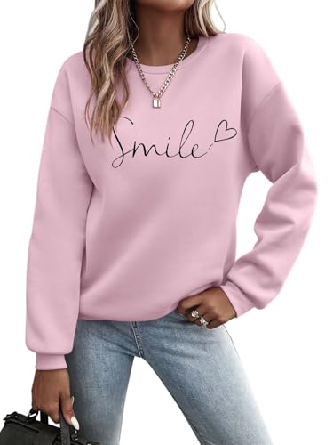Minetom Pullover Damen Herbst Winter Sweatshirt Rundhals Langarm Pulli Frauen Oberteil Sweatshirts ohne Kapuze A Rosa L