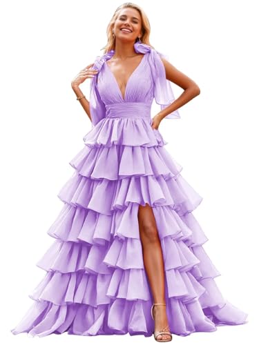 Image of TORYEMY Tiered Tulle Prom Dress Long Ball Gown Deep V Neck Formal Evening Dresses with Slit Ruched for Women