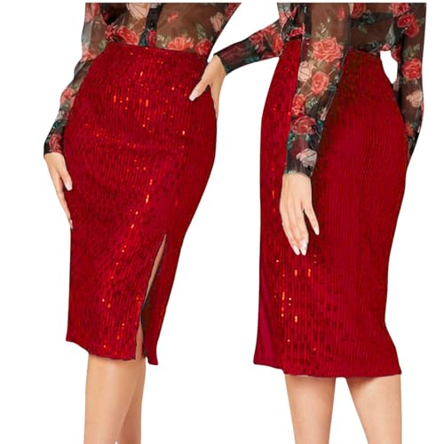 Women's Sequin Skirt Midi High Waist Elegant Stretchy Sparkle Side Slit Pencil Skirt Party Cocktail Wedding Guest2