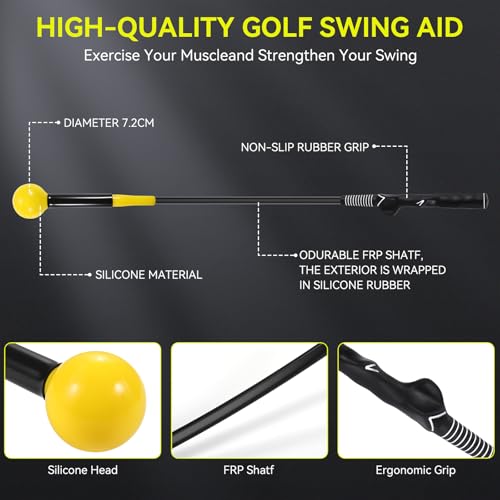 MIKOSI Golf Grip Trainer, Golf Swing Trainer Aid Warm-Up Stick for Strength Grip Tempo & Flexibility Training, Right-Handed Golf Training Aid with Arm Band for Practice Chipping Hitting (Yellow)