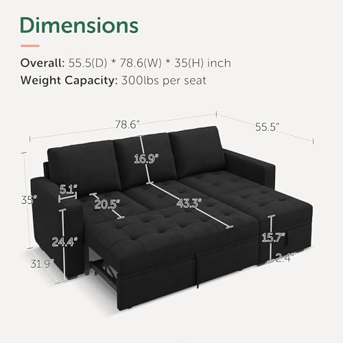 Image of HONBAY Modular Sectional Sleeper Sofa with Pull Out Bed, L Shaped Couch with Storage Seat Sectional Couches for Living Room,Velvet Black