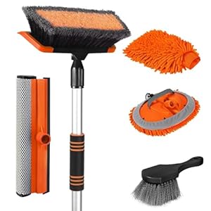 Wontolf 62” Car Wash Brush with Long Handle, Scratch-Free Soft Bristles Sturdy Car Wash Mop, Complete Cleaning Brush Kit Wash Mitt Towel Windshield Squeegee Wheel Tire Brush for Car Truck RV Orange