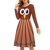 POLERO Turkey Dress for Women Thanksgiving Midi Dress Cute Long Sleeve Dresses for Casual Size S