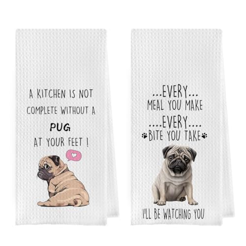 Geqtt Funny Pug Dish Towels Set - Pug Waffle Weave Kitchen Towels, Pug Decorative Hand Tea Towels for Bathroom Kitchen, Pug Gifts for Pug Lovers (16×24 Inches Set of 2)