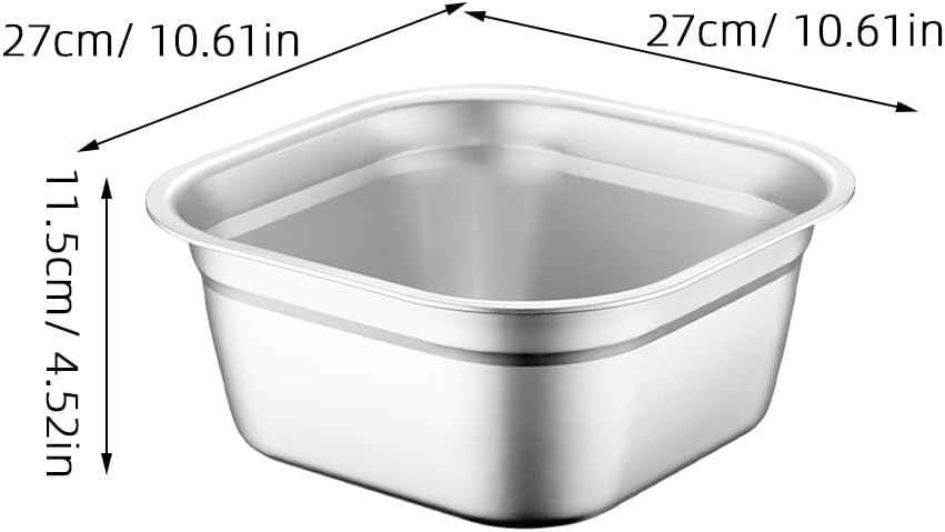 10.6" Square Stainless Steel Dish Pan for Sink - Large Washing Up Bowl and Vegetable Basin - Deep Sink Pan for Kitchen Soaking, Baby Bottles & Pet Feeding (27cm Silver)