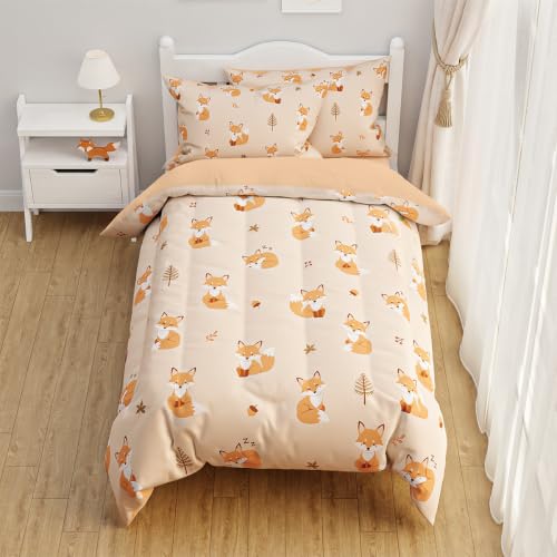 SANDJEST Fox Twin Bedding Sets with 3-Pieces (Includes 1 Comforter, 1 Fitted Sheet, 1 Pillowcases), Comforters Bed Set Bedroom Decor