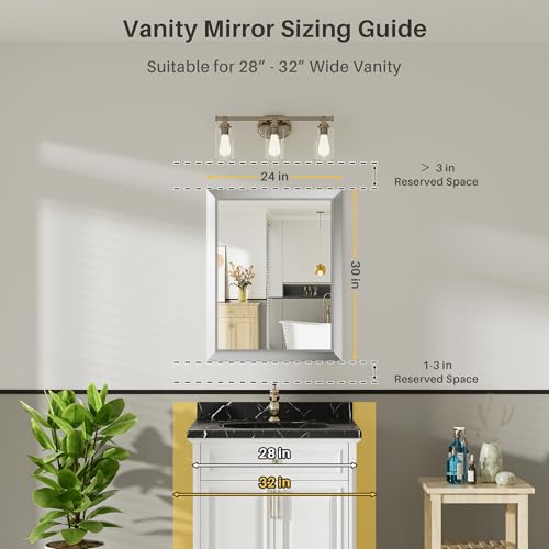 24x30 Inch Silver Bathroom Mirror for Wall, Thick Metal Framed Rectangle Mirrors for Over Sink, Bedroom, Living Room, Entryway, Anti-Rust, HD Tempered Glass