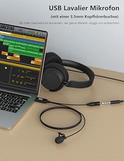 MillSO USB Lavalier Mikrofon mit 3.5mm Buchse für Überwachung Omnidirektional USB A Clip On Mini Mikrofon kompatibel mit Laptop, PC, PS5, Podcast, Skype, Netzwerksingen und Aufzeichnung - 2 M