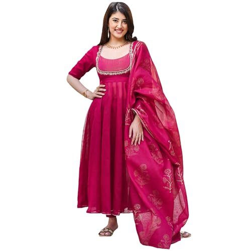 Image of GoSriKi Women's Rayon Viscose Embroidered Anarkali Kurta with Pant & Dupatta