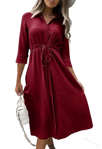 Image of Febriajuce Women's 3 /4 Sleeve Midi Dress Casual Drawstring Belted Round Neck Plain Tie Waist Loose High Waist Long Dress
