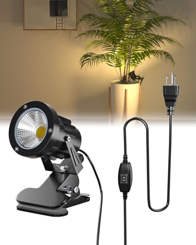 TobeBright Clip On Spot Light Plug in with On/Off Switch IP65 Water Resistant Plant Spotlight Indoor and Outdoor 7W LED Clamp Spot Lights with 3-Pin Plug, Warm White 3000K, 1.78m Cord
