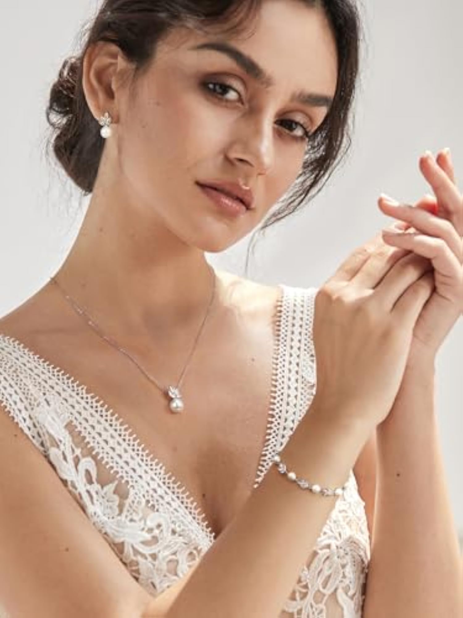 Bridal Cubic Zirconia Pearl Necklace Bracelet Earrings Set