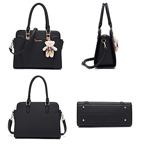 Image of Women's Fashion Handbag Tote Bag Shoulder Top Handle Satchel Purse Set 4pcs | Stylish Style,Chain Texture Design,Ample Space,Bear Doll Decoration,with a Crossbody Strap