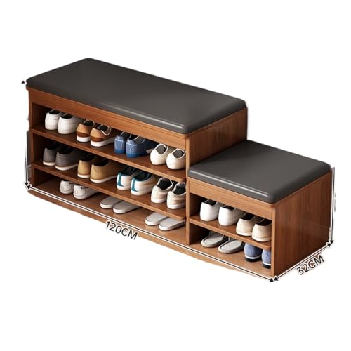 OGXN 玄関ベンチ 収納ベンチ シューズボックス 靴棚 玄関スツール 玄関椅子 木製 収納付き 収納ボックス付き 開閉式 省スペース 組立簡単 靴収納 二段式靴収納 玄関 廊下 奥行き下駄箱 (大杉胡桃色120×32×52cm)