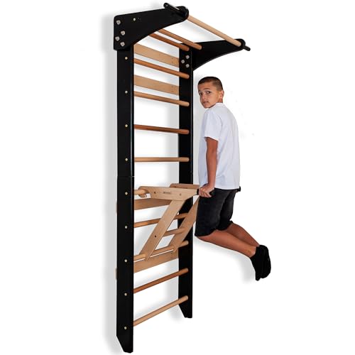 Escalera Sueca Negra con Barra de Ejercicios y Paralelas para Niños y Adultos – Muro de Escalada de Madera, Equipo de Entrenamiento Multifuncional con Agarraderas, Barras y Medidor de Altura Integrado