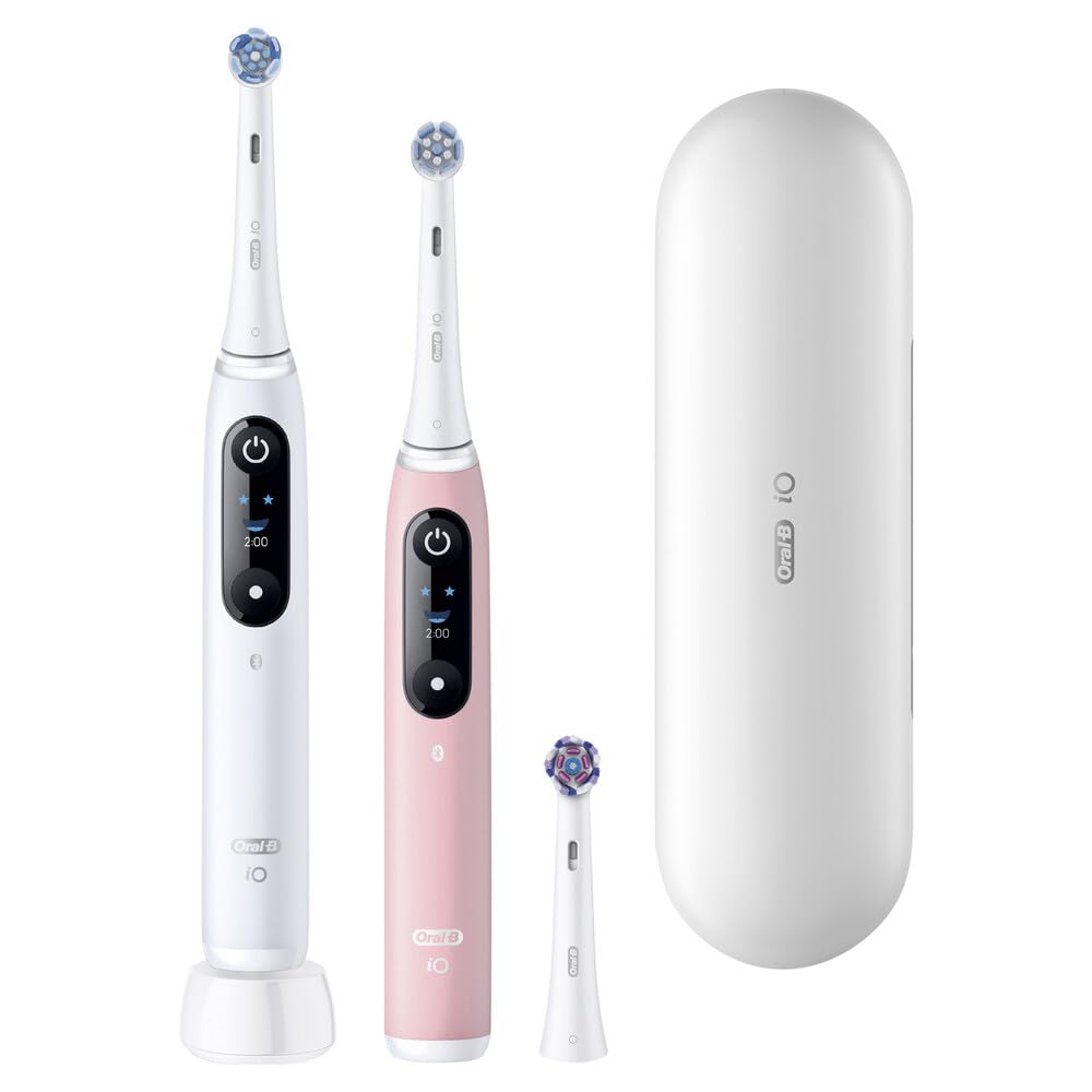 Oral-B Spazzolino da denti elettrico, confezione duo, maniche bianche e rosa, 5 modalità di spazzolatura di cui bianchezza e cura delle gengive, sensore di pressione, 3 spazzole orali B di ricambio