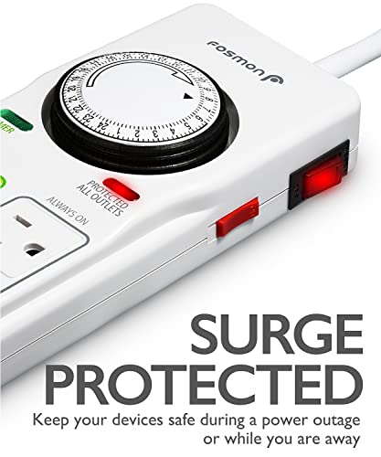 Fosmon 8-Outlet Surge Protector Power Strip With Timer, Indoor Countdown Timer For Electrical Outlets, Light Timer, Mechanical Timer Extension Cord For Reptile, Grow Lights, Aquarium, Etl Listed #TOP1