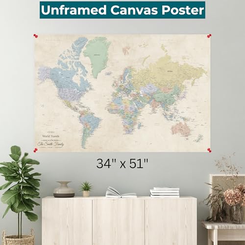 Image of Personalized Canvas Rolled Poster World Map Wall Art - Extra Large 34 inch x 51 inch Sandy Dreams Map of the World - Push Pin Travel Decor for Home or Office