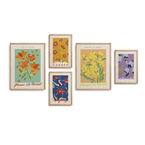 Homepack Set Of 5 Retro Vintage Flower Of Cities Framed Poster Prints On Mdf Printed Wall Art Painting Home Living Room Office Decoration 2 Piece Of 12X16Inch, 3 Piece Of 8X12Inch (Wooden Frame) #TOP1